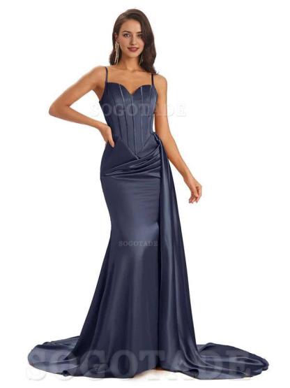 Mismatched Dark-Navy Sexy Side Slit Mermaid Soft Satin Long Bridesmaid Dresses Online