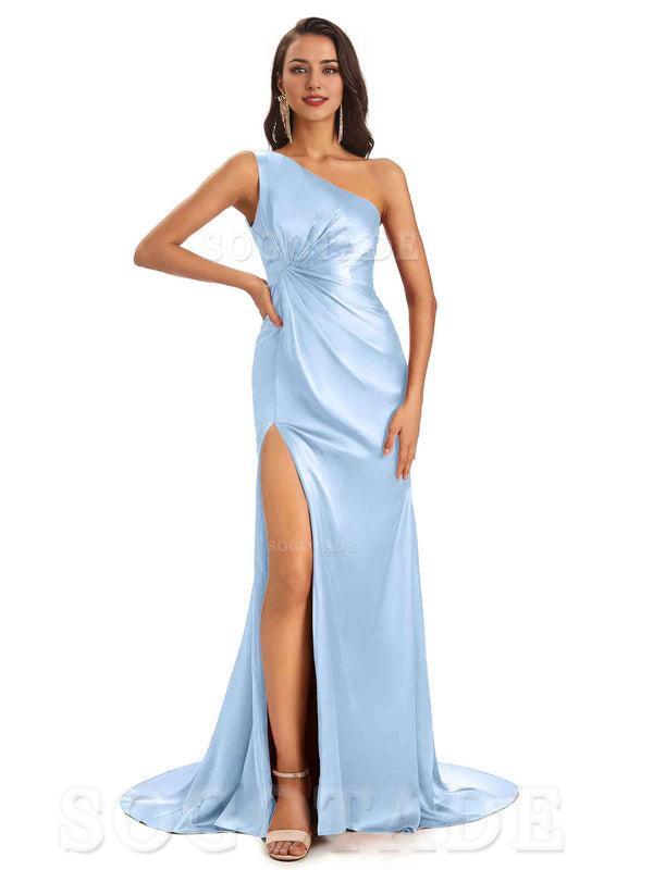 Mismatched Sky-Blue Sexy Side Slit Mermaid Soft Satin Long Bridesmaid Dresses Online