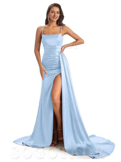 Mismatched Sky-Blue Sexy Side Slit Mermaid Soft Satin Long Bridesmaid Dresses Online