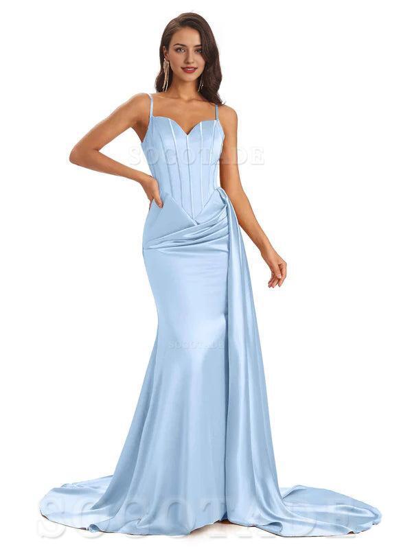 Mismatched Sky-Blue Sexy Side Slit Mermaid Soft Satin Long Bridesmaid Dresses Online