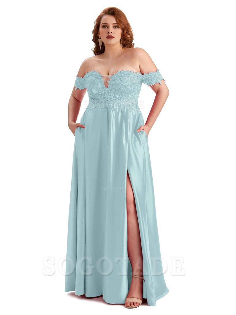 Off Shoulder Side Slit Lace Soft Satin Long Plus Size Bridesmaid Dresses For Wedding