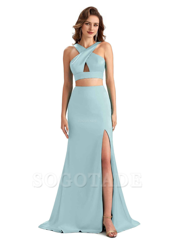 Sexy Side Slit Mermaid Silky Satin Halter Two Pieces Unique Long Bridesmaid Dresses