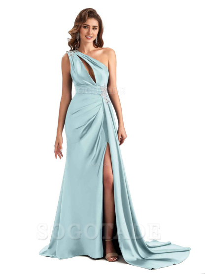 Sexy Side Slit Mermaid Soft Satin One Shoulder Lace Long Modern Bridesmaid Dresses