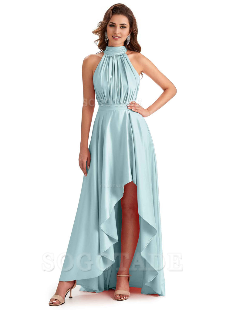 Soft Satin High Neck High Low A-Line Unique Bridesmaid Dresses Online