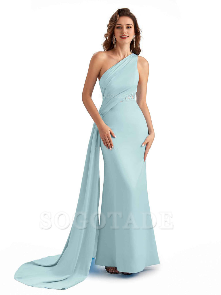 Sexy Mermaid Silky Satin One Shoulder Lace See Through Long Bridesmaid Dresses Online