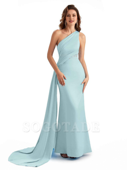 Sexy Mermaid Silky Satin One Shoulder Lace See Through Long Bridesmaid Dresses Online