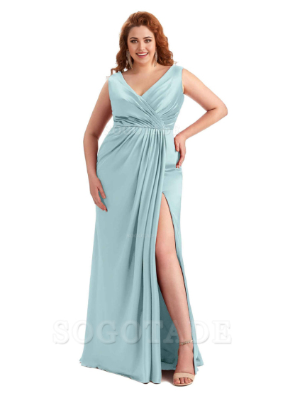 Mermaid V-Neck Satin formal dresses evening gown Bridesmaid Dresses With Side Slit 