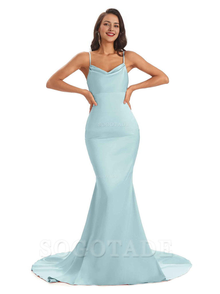 Sexy Backles Soft Satin Spaghetti Straps Maxi Mermaid Bridesmaid Dresses Online prom shop dresses