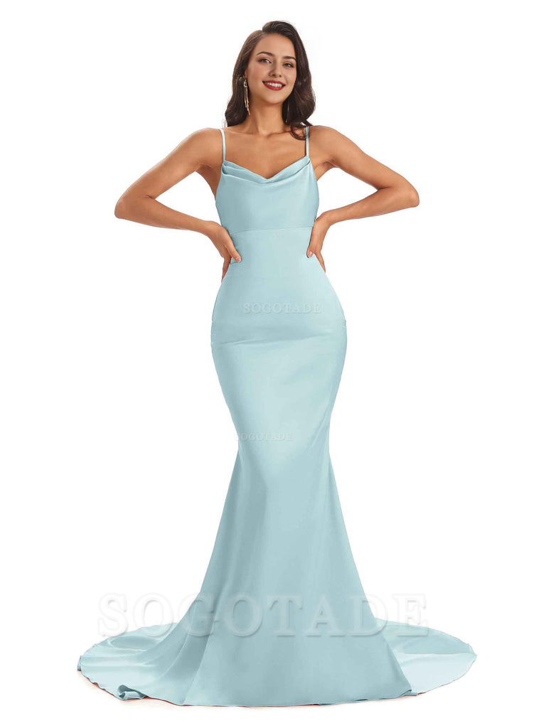Sexy Backles Soft Satin Spaghetti Straps Maxi Mermaid Bridesmaid Dresses Online prom shop dresses