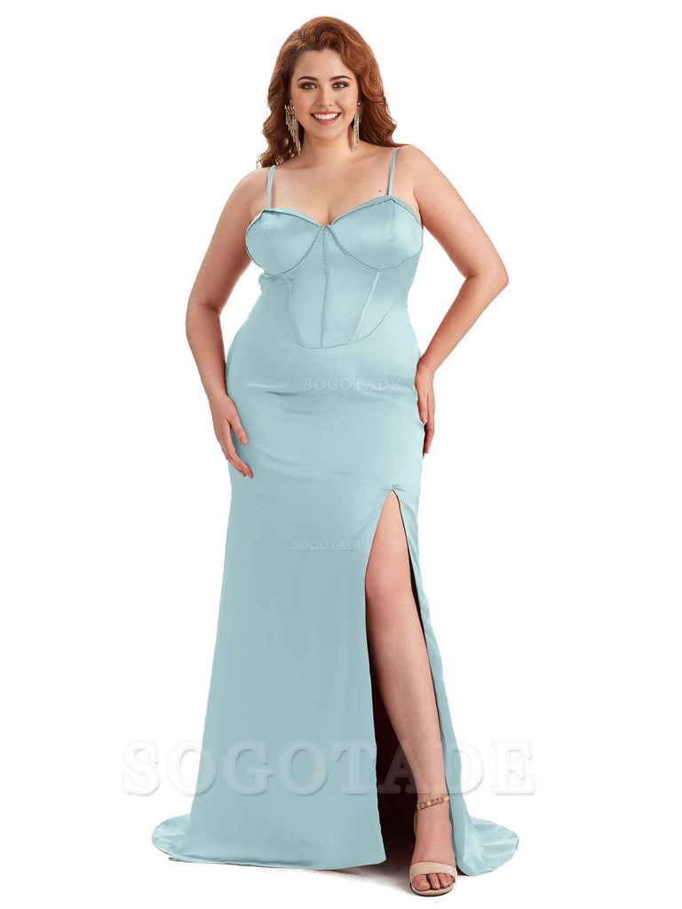 Sexy Spaghetti Straps Side Slit Sleeveless Mermaid Soft Satin Long Bridesmaid Dress Plus Size Dress To Wear to a Wedding