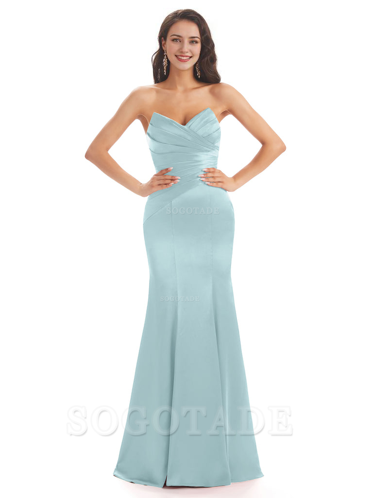 Simple Strapless Sweetheart Soft Satin Mermaid Long Bridesmaid Dresses prom shop dresses