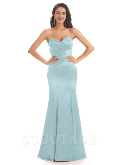 Simple Strapless Sweetheart Soft Satin Mermaid Long Bridesmaid Dresses prom shop dresses