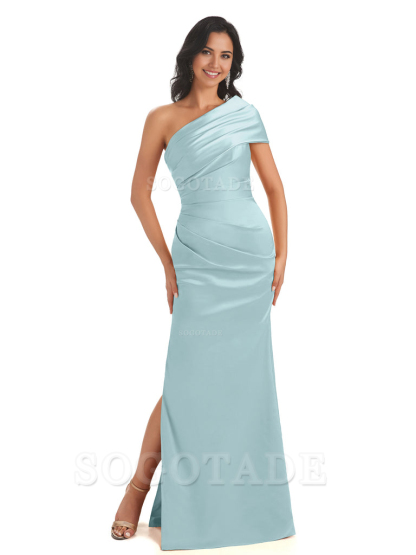 Mermaid One Shoulder Satin Long formal dresses evening gown Bridesmaid Dresses With Side Slit 