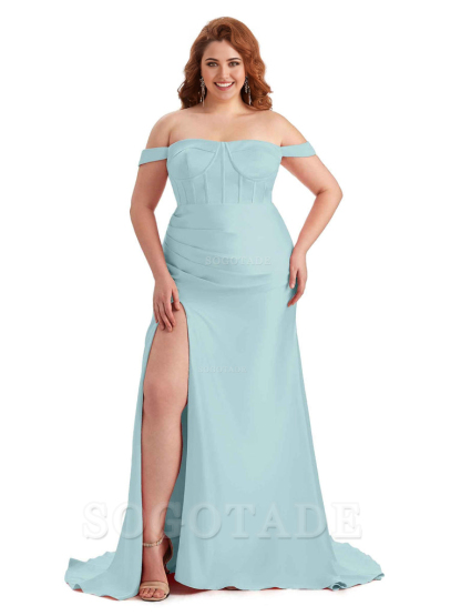 Elegant Off The Shoulder Side Slit Mermaid Soft Satin Floor Length Long Plus Size Bridesmaid Gowns