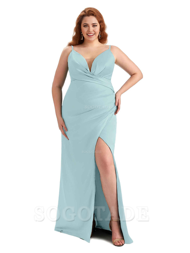 Sexy Side Slit Spaghetti Straps Sleeveless Mermaid V-neck Soft Satin Long Plus Size Bridesmaid Dress For Wedding