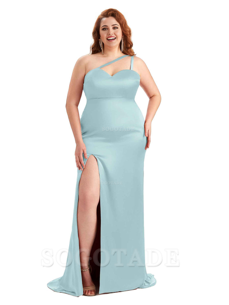 Sexy Side Slit Sleeveless Mermaid One Shoulder Soft Satin Long Plus Size Bridesmaid Dress For Wedding