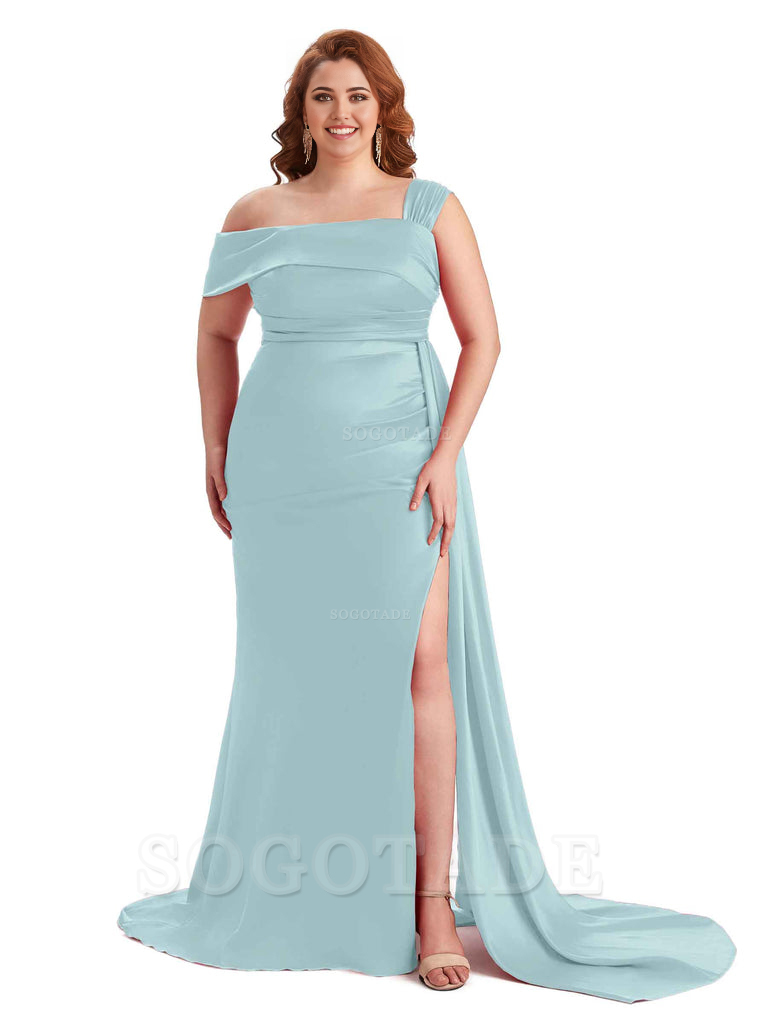 Sexy Side Hight Slit One Shoulder Mermaid Soft Satin Long Plus Size With Train Matron of Honor Dresses