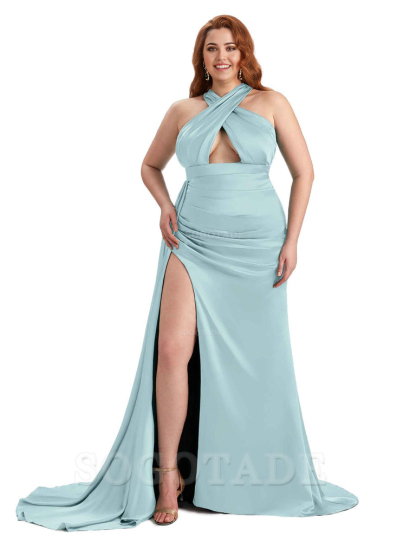 Sexy Halter Side Hight Slit Sleeveless Mermaid Soft Satin Long Plus Size Bridesmaid Dress For Wedding