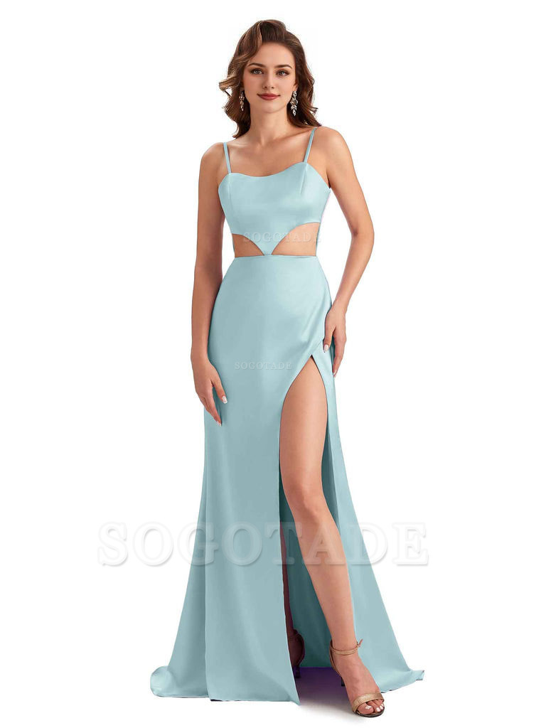Sexy Satin Side Slit Spaghetti Straps Mermaid Long Unique Curve Wedding Guest Dresses
