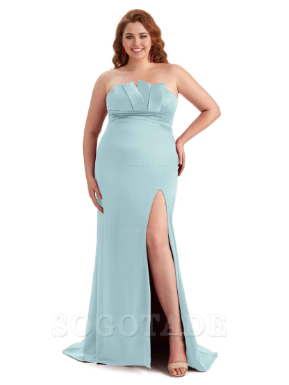 Sexy Side Slit Sleeveless Mermaid Soft Satin Long Plus Size Wedding Party Dresses For Wedding