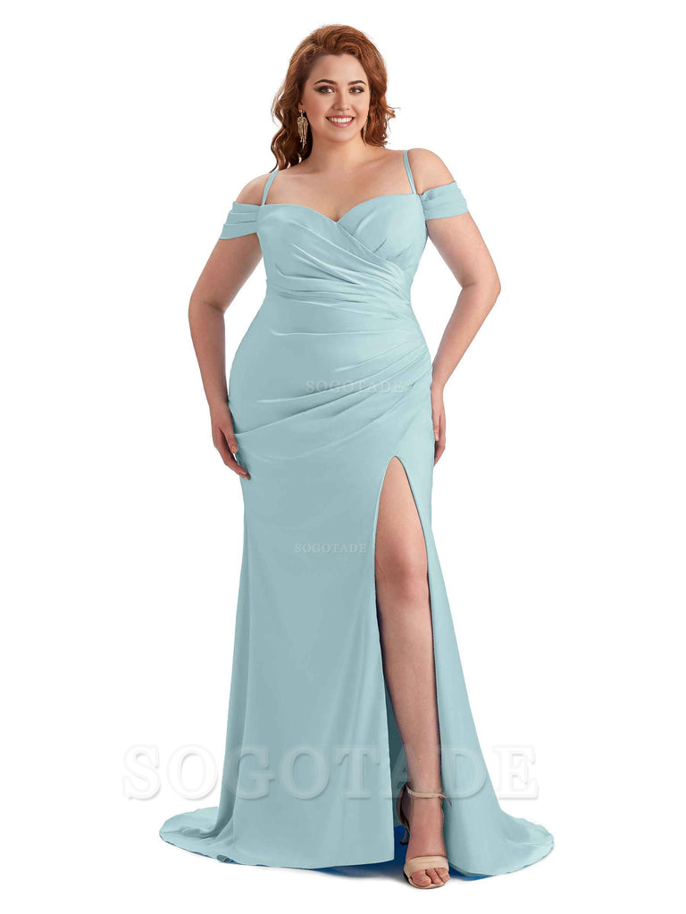 Sexy Side Slit Sleeveless Cold Shoulder Mermaid Soft Satin Long Plus Size Maid of Honor Dresses