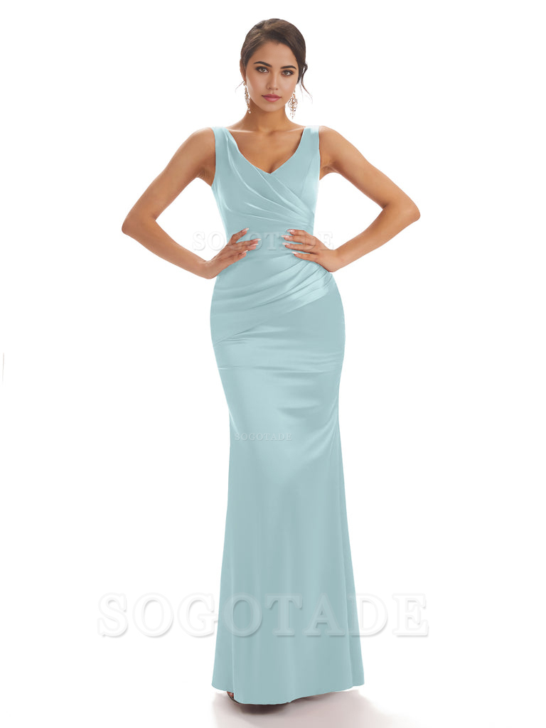 Sheath Sleeveless V-neck Floor-Length Satin formal dresses evening gown Bridesmaid Dresses With Pleats 