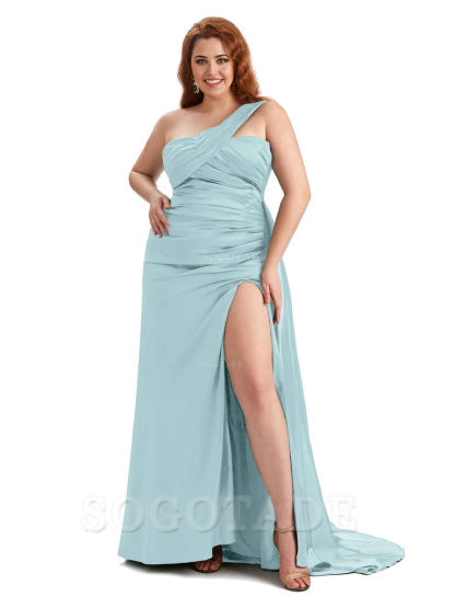  One Shoulder Sleeveless Sexy Side Hight Slit Mermaid Soft Satin Long Plus Size Bridesmaid Gowns