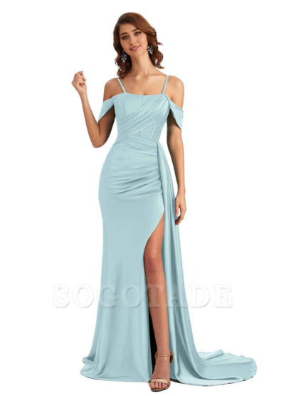 Sexy Side Slit Cold Shoulder Mermaid Satin Chic Long Wedding Guest Dresses