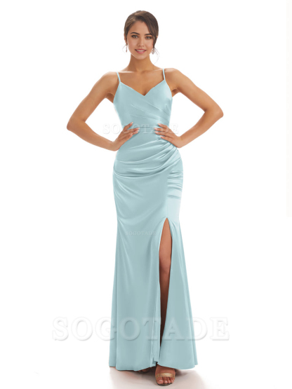 Spaghetti Straps Pleats Satin formal dresses evening gown Bridesmaid Dresses With Side Slit 