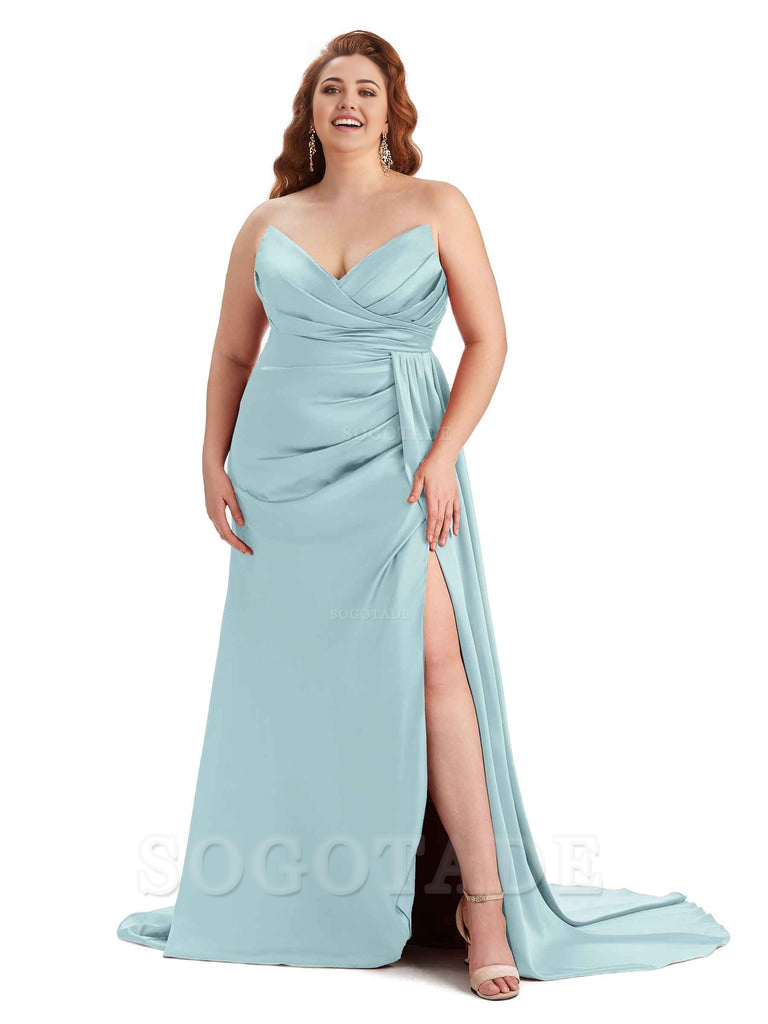 Sexy V-neck Side Slit Sleeveless Mermaid Soft Satin Long Plus Size Bridesmaid Gowns
