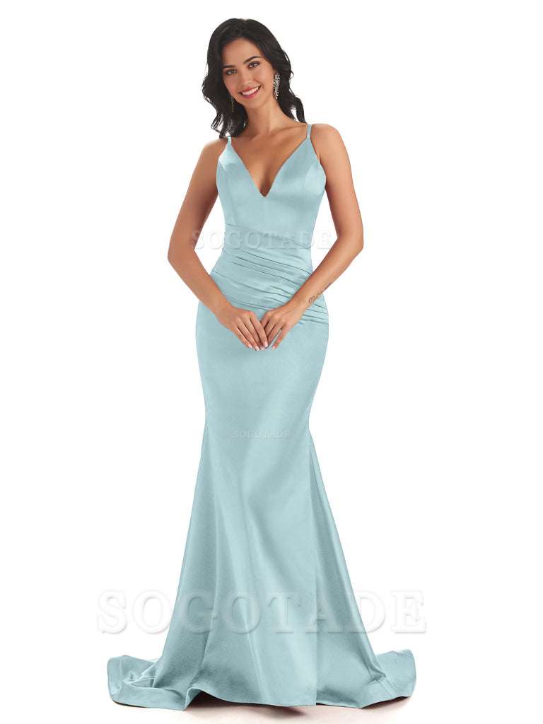 Mermaid Spaghetti V-Neck Straps Satin Long formal dresses evening gown Bridesmaid Dresses With Side Slit 