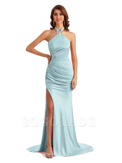 Sexy Halter Mermaid Silky Satin Unique Long Formal Wedding Guest Dresses