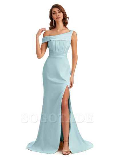 Elegant Asymmetrical Neck Soft Satin Side Slit Long Mermaid Bridesmaid Dresses