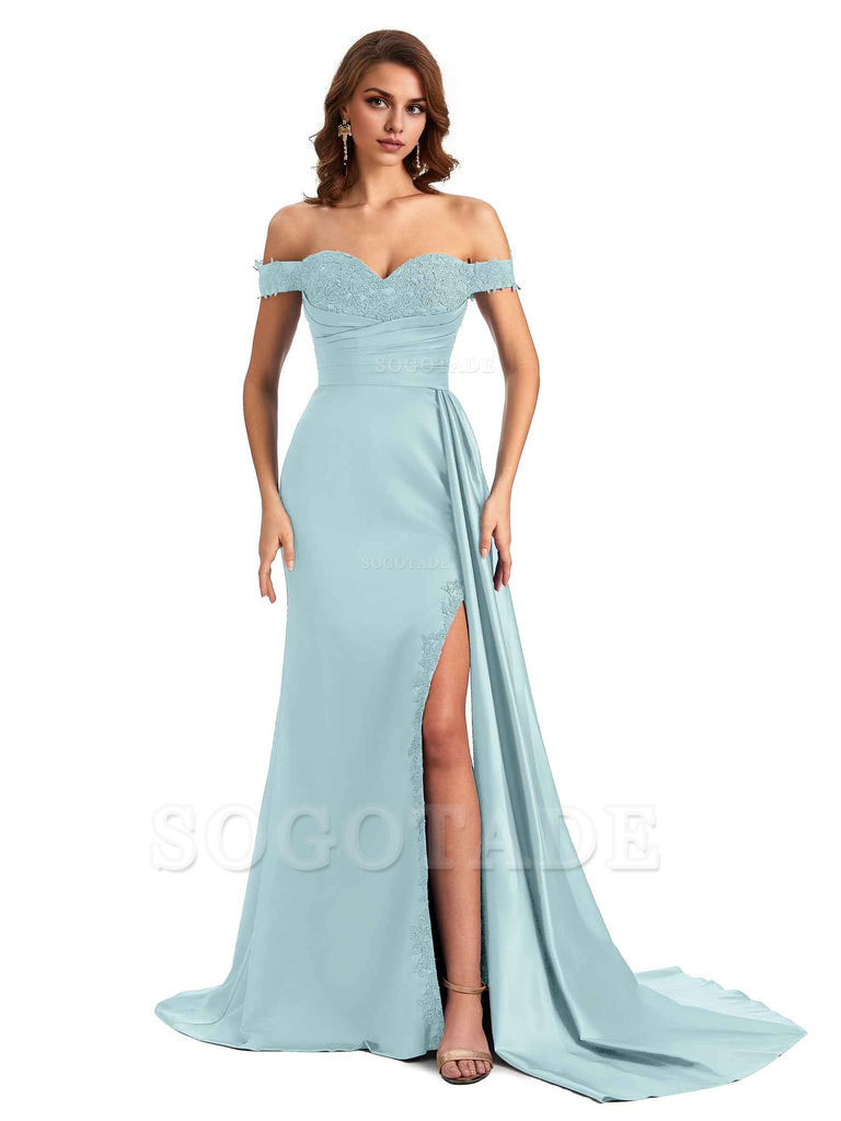 Sexy Off The Shoulder Mermaid Side Slit Silky Satin Long Bridesmaid Dress For Wedding