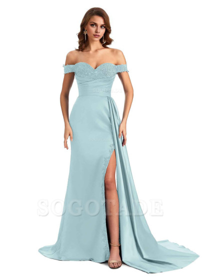 Sexy Off The Shoulder Mermaid Side Slit Silky Satin Long Bridesmaid Dress For Wedding