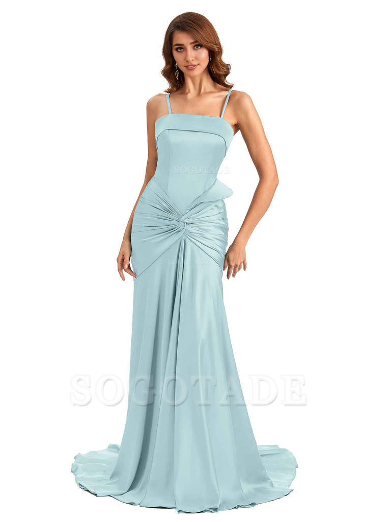 Sexy Mermaid Spaghetti Straps Silky Satin Unique Long Bridesmaid Dress For Wedding