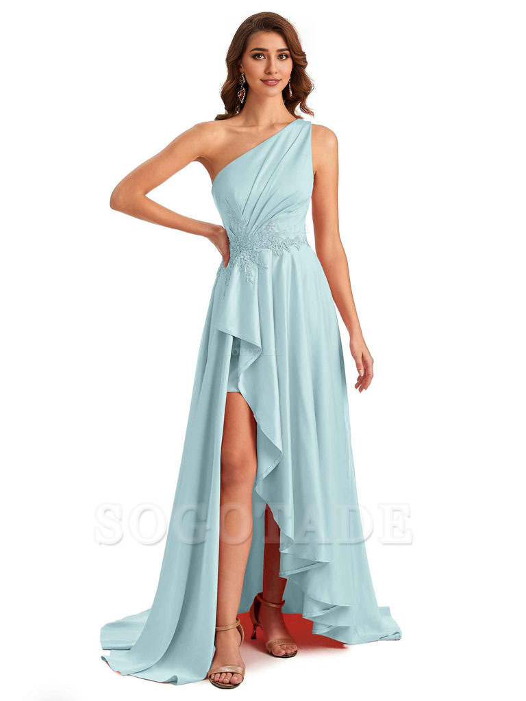 Sexy One Shoulder A-Line High Low Silky Satin Lace Long Formal Wedding Guest Dresses