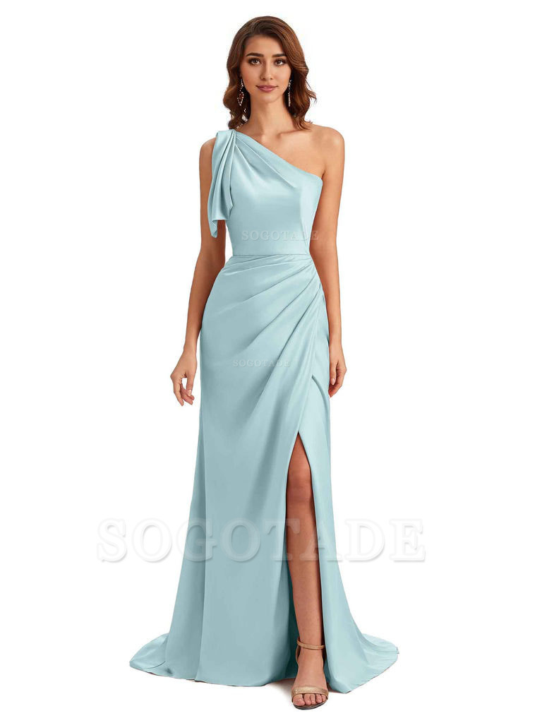 Sexy One Shoulder Mermaid Side Slit Unique Silky Satin Bridesmaid Dresses 