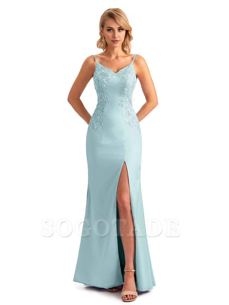 Sexy Side Split Mermaid Spaghetti Straps Soft Satin Unique Lace Long Bridesmaid Dresses