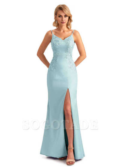 Sexy Side Split Mermaid Spaghetti Straps Soft Satin Unique Lace Long Bridesmaid Dresses