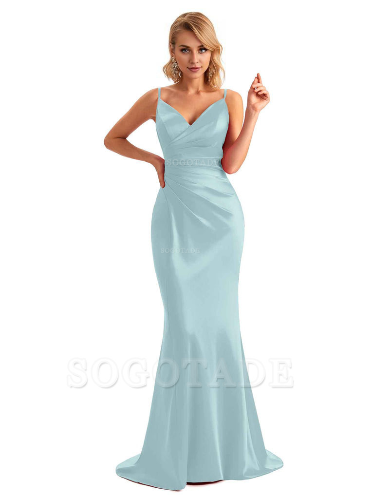  Sexy Backless Mermaid Spaghetti Straps Unique Long Formal Satin Dress For Women