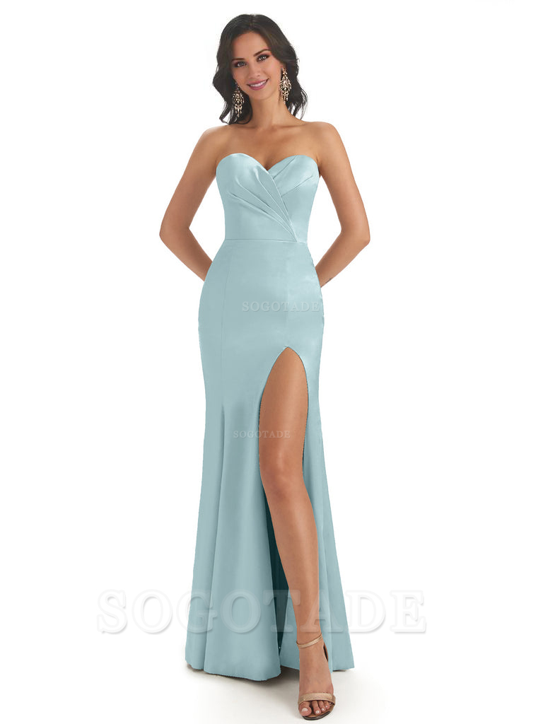 Simple Soft Satin Side Slit Sweetheart Long Mermaid Bridesmaid Dresses Elegant Evening Party Dress