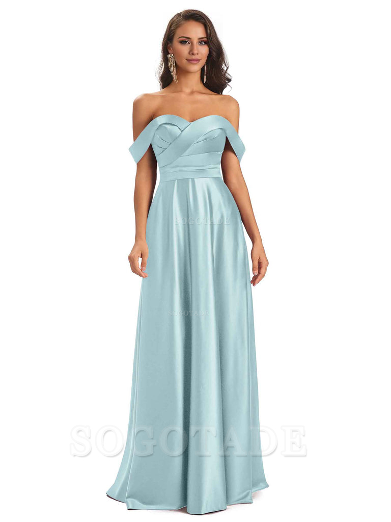 Sexy Soft Satin Off The Shoulder A-Line Long Bridesmaid Dresses Elegant Evening Party Dress
