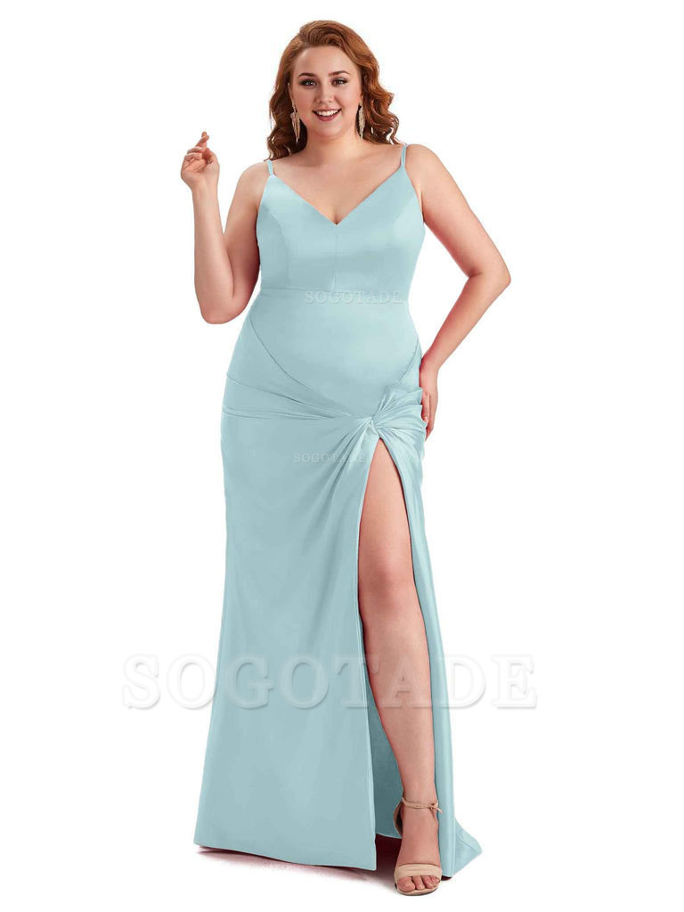 Sexy Spaghetti Straps V-neck Side Slit Mermaid Soft Satin Long Plus Size Bridesmaid Dress