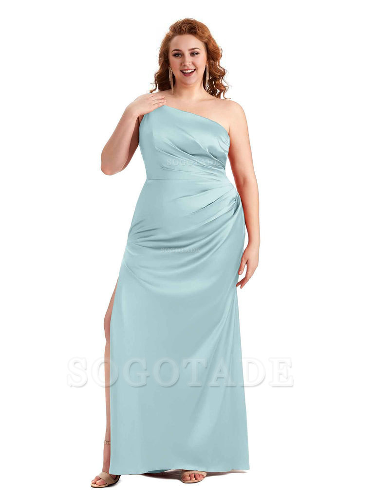Sexy Side Slit One Shoulder Mermaid Soft Satin Long Plus Size Maid of Honour Dresses