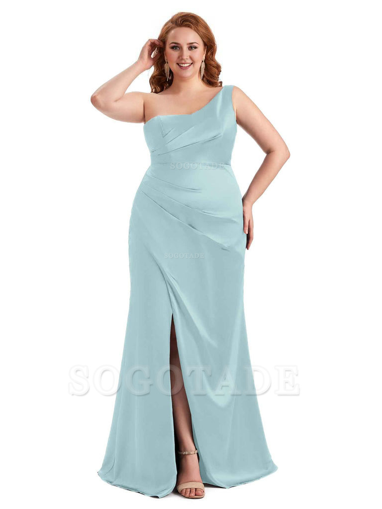 Sexy Side Slit One Shoulder Mermaid Long Plus Size Satin Maxi Dresses
