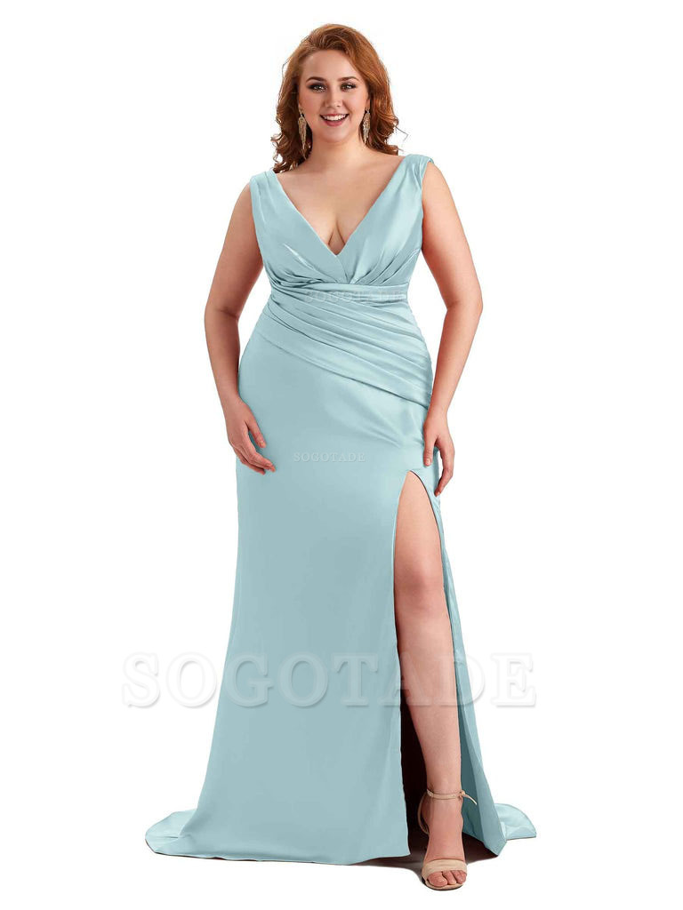 Elegant V-neck Side Slit Mermaid Soft Satin Long Plus Size Bridesmaid Dress For Wedding