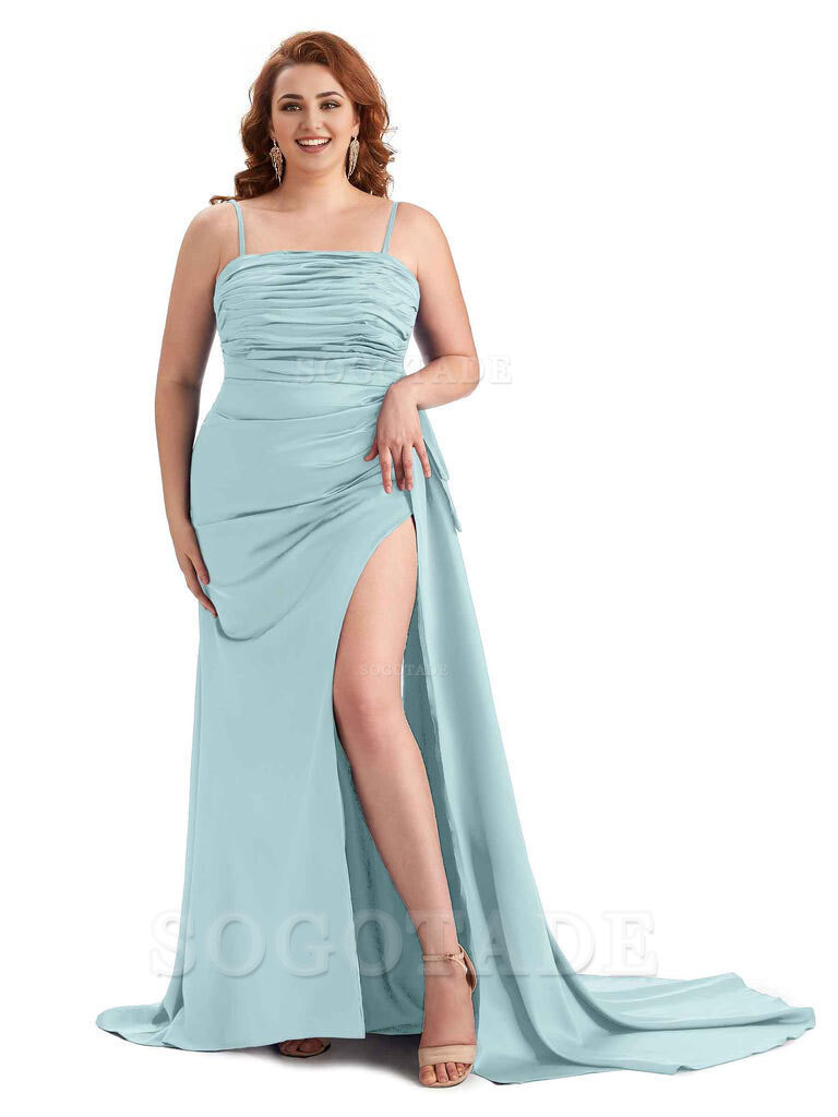 Sexy Side Slit Spaghetti Straps Mermaid Soft Satin Long Plus Size Bridesmaid Dresses Online