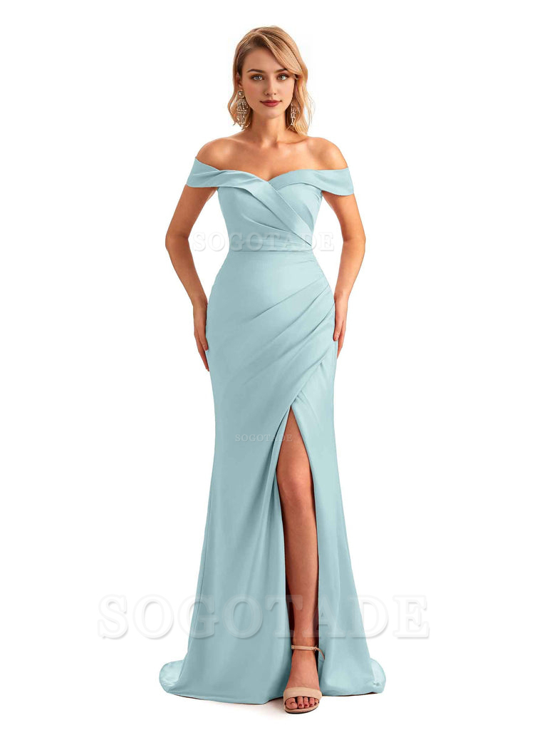 Off Shoulder Side Slit Mermaid Silky Satin Unique Long Formal Wedding Guest Dresses Online