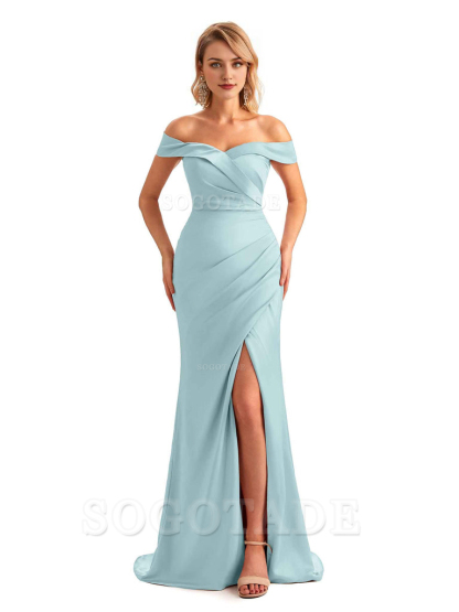 Off Shoulder Side Slit Mermaid Silky Satin Unique Long Formal Wedding Guest Dresses Online